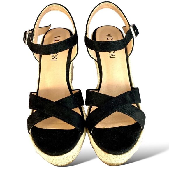 Vicki-Vicki Wedge Heel Sandals Womens 8 Black Suede Jute Ankle Strappy Platform - Picture 2 of 8